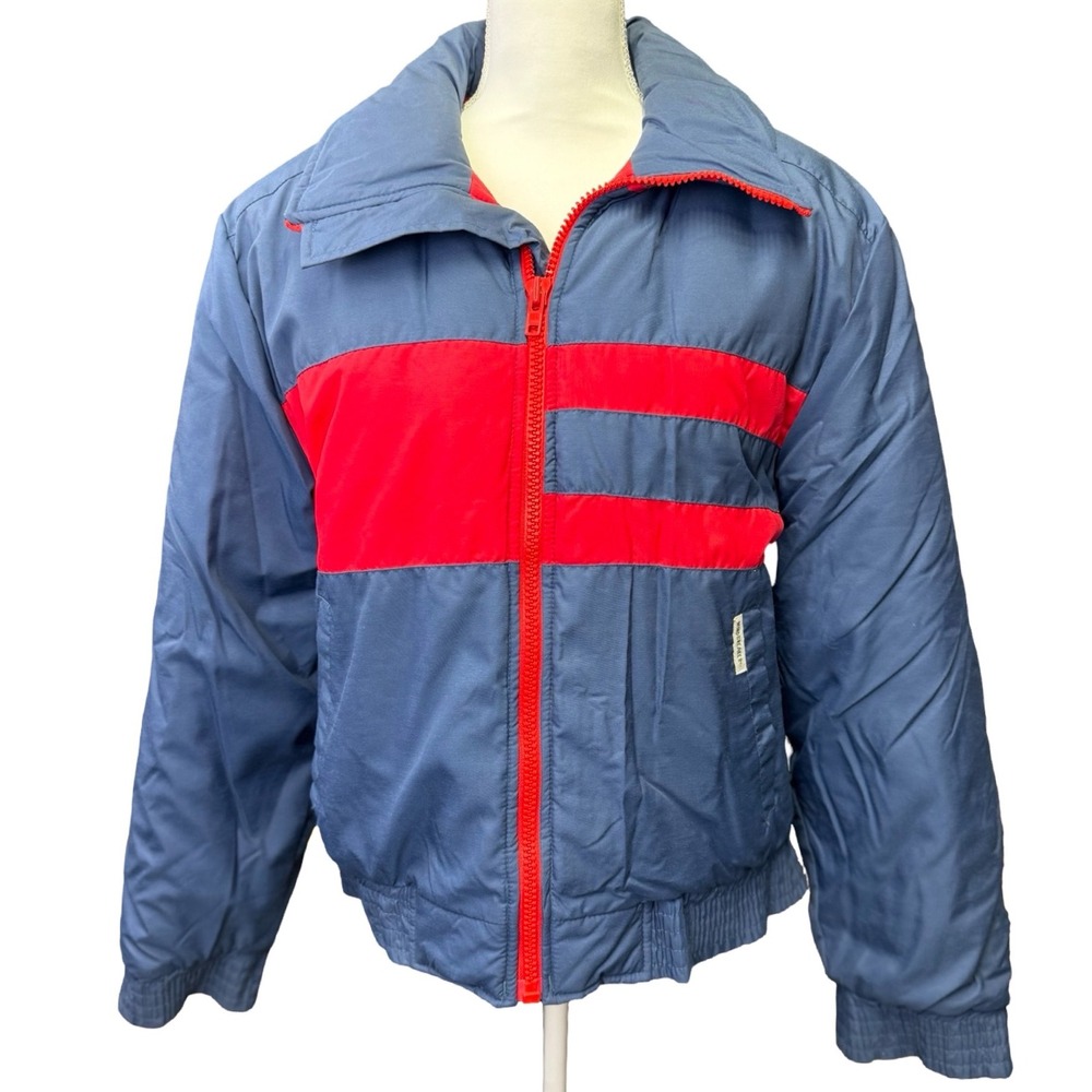 Vintage 80s Windbreaker Puffer Jacket Blue Red‎ Nylon Colorblock M